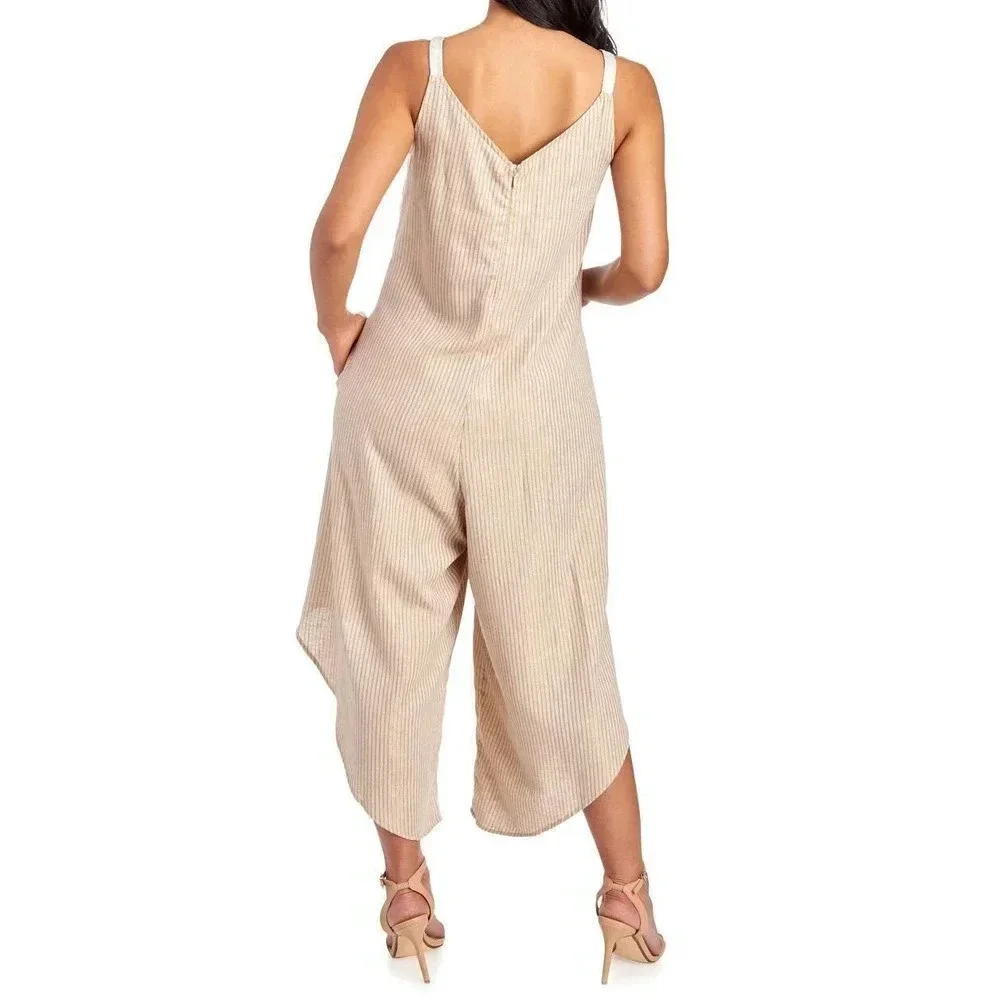 Everlily Stripe Lurex Linen Wide Leg Jumpsuit Khaki Size M - Picture 2 of 7